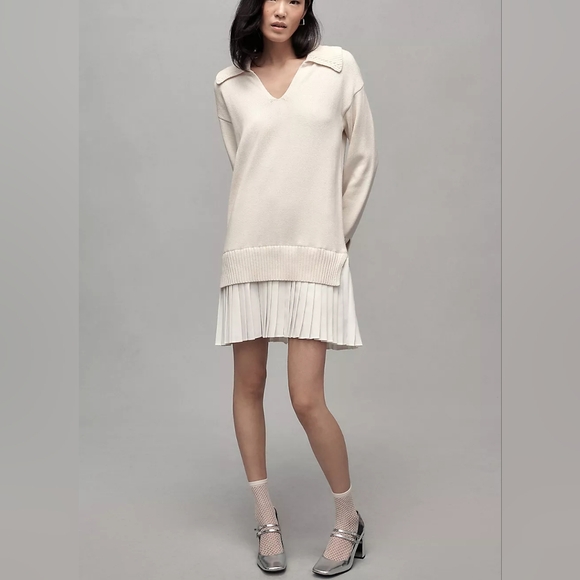Anthropologie Dresses & Skirts - Anthropologie English Factory Twofer Mini Sweater Dress Pleated Nuetral